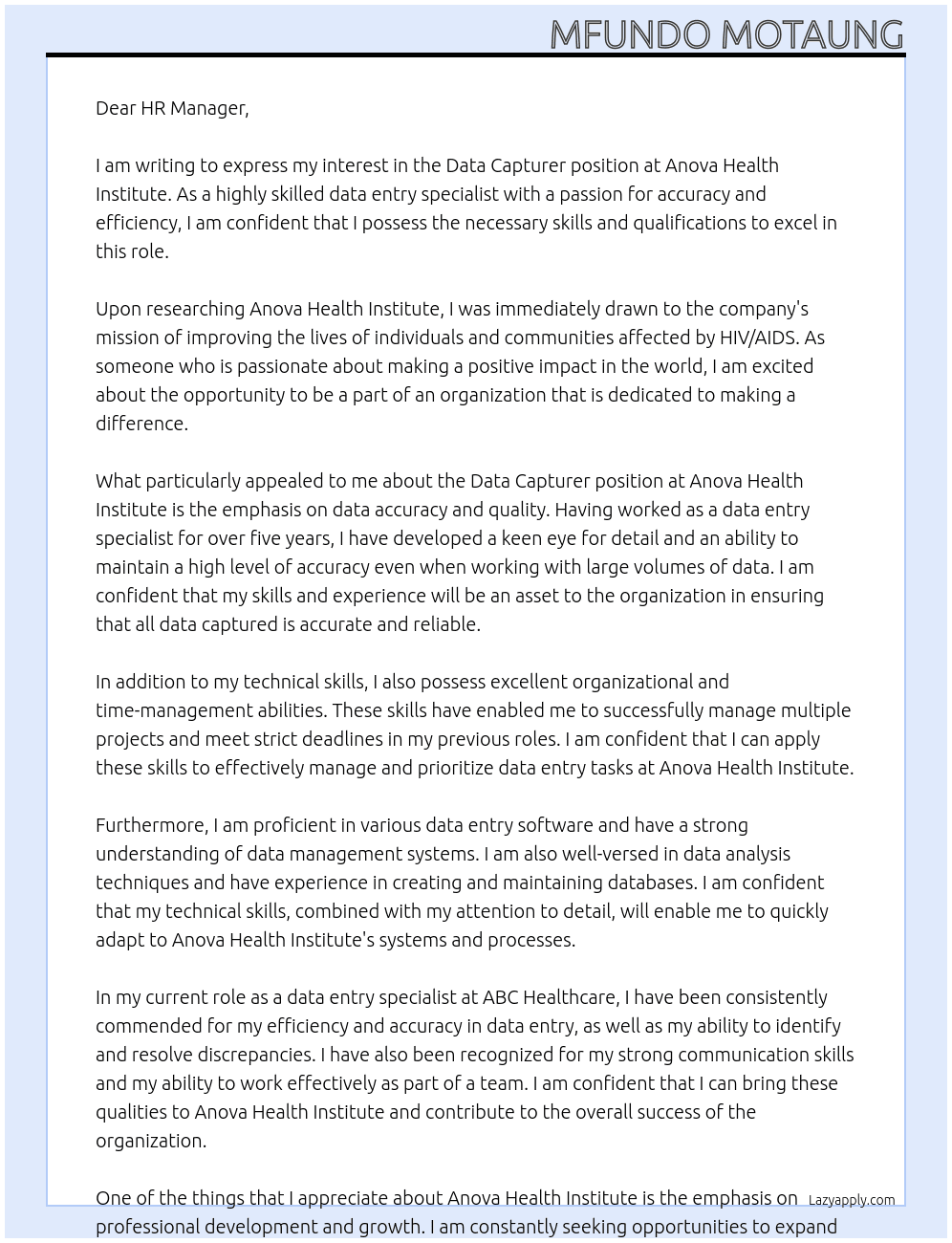 Data Capturer At Anova Health Institute Cover Letter