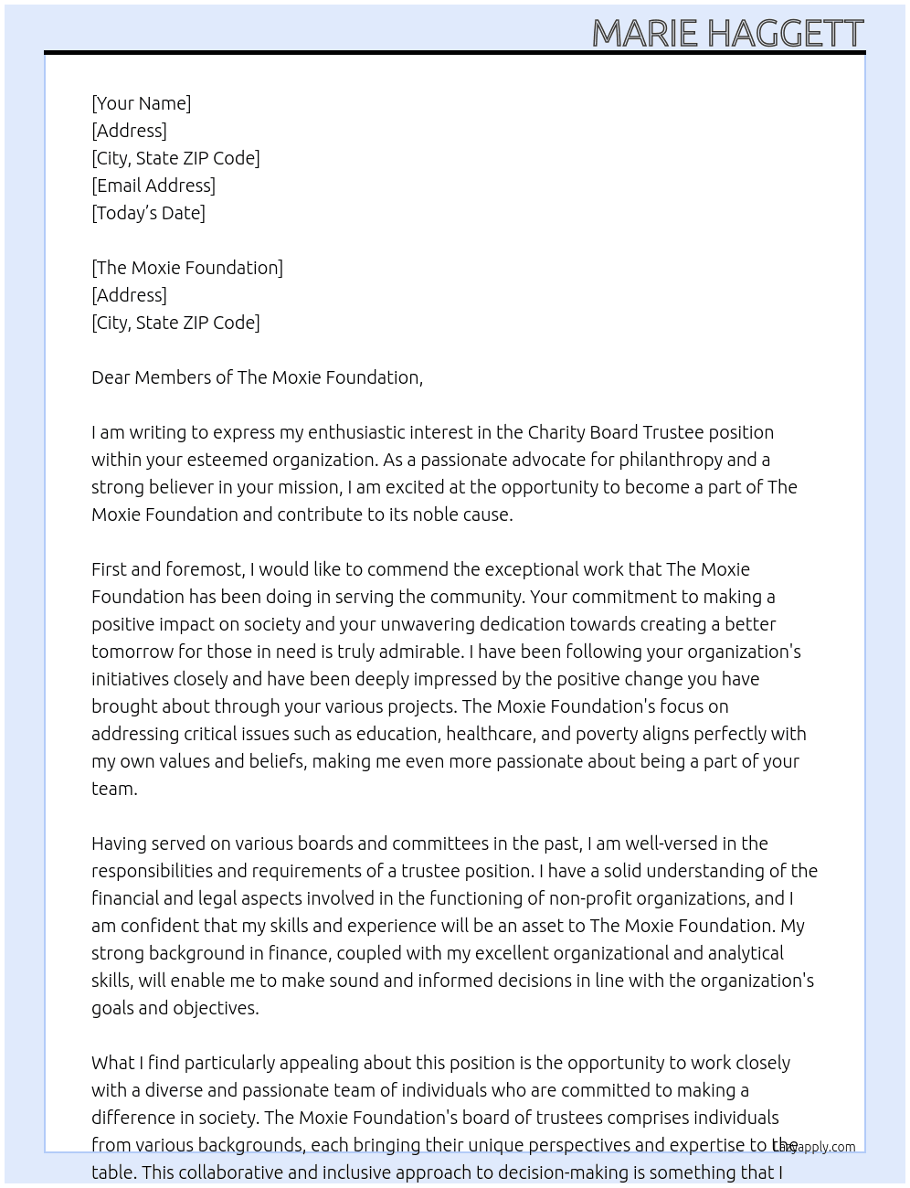 Cover letter for cahrity board trustee - LazyApply