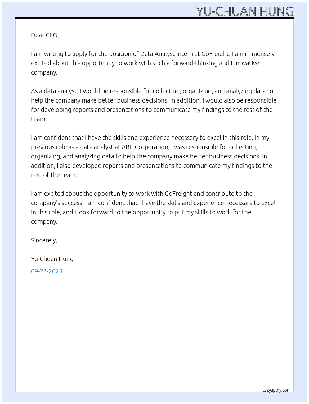 Data Analyst Intern At GoFreight Cover Letter