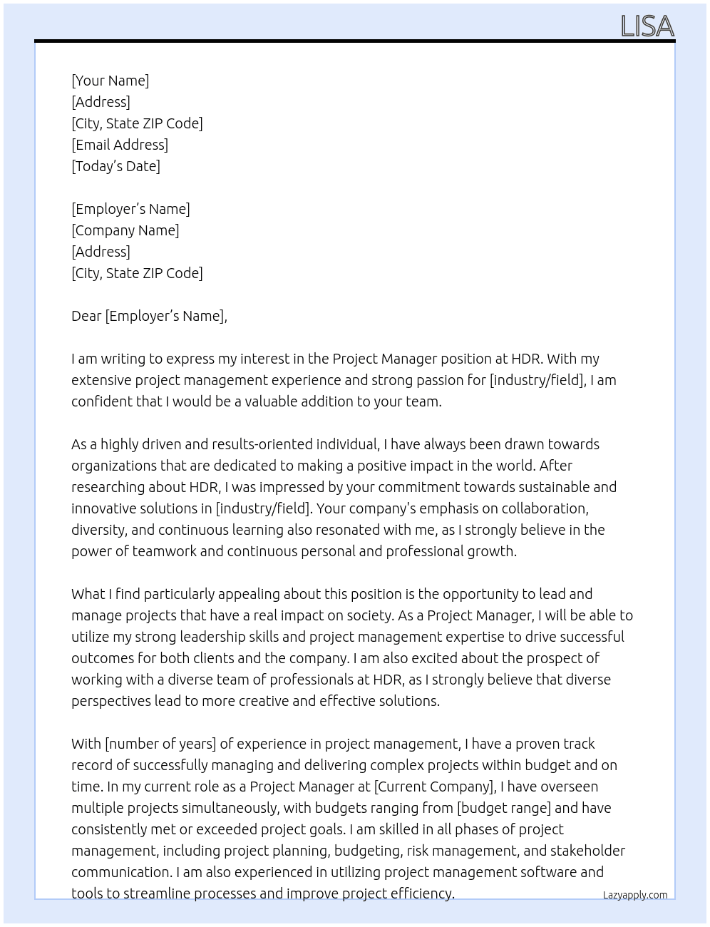 Project Manager At HDR Cover Letter