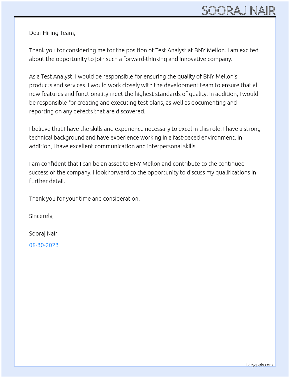 Test Analyst At BNY Melon Cover Letter