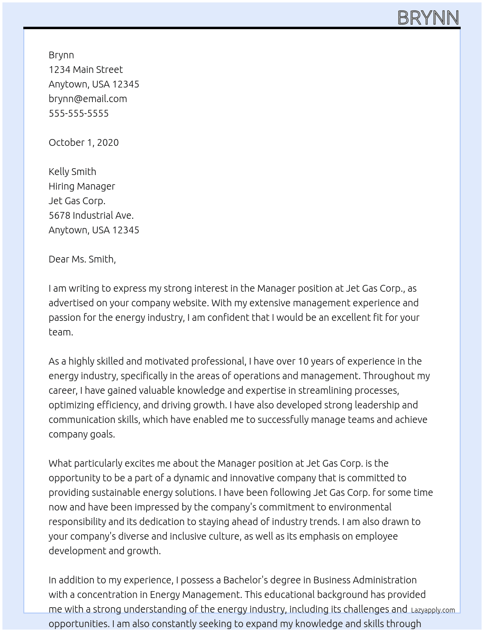 Manager At Jet Gas Corp. Cover Letter