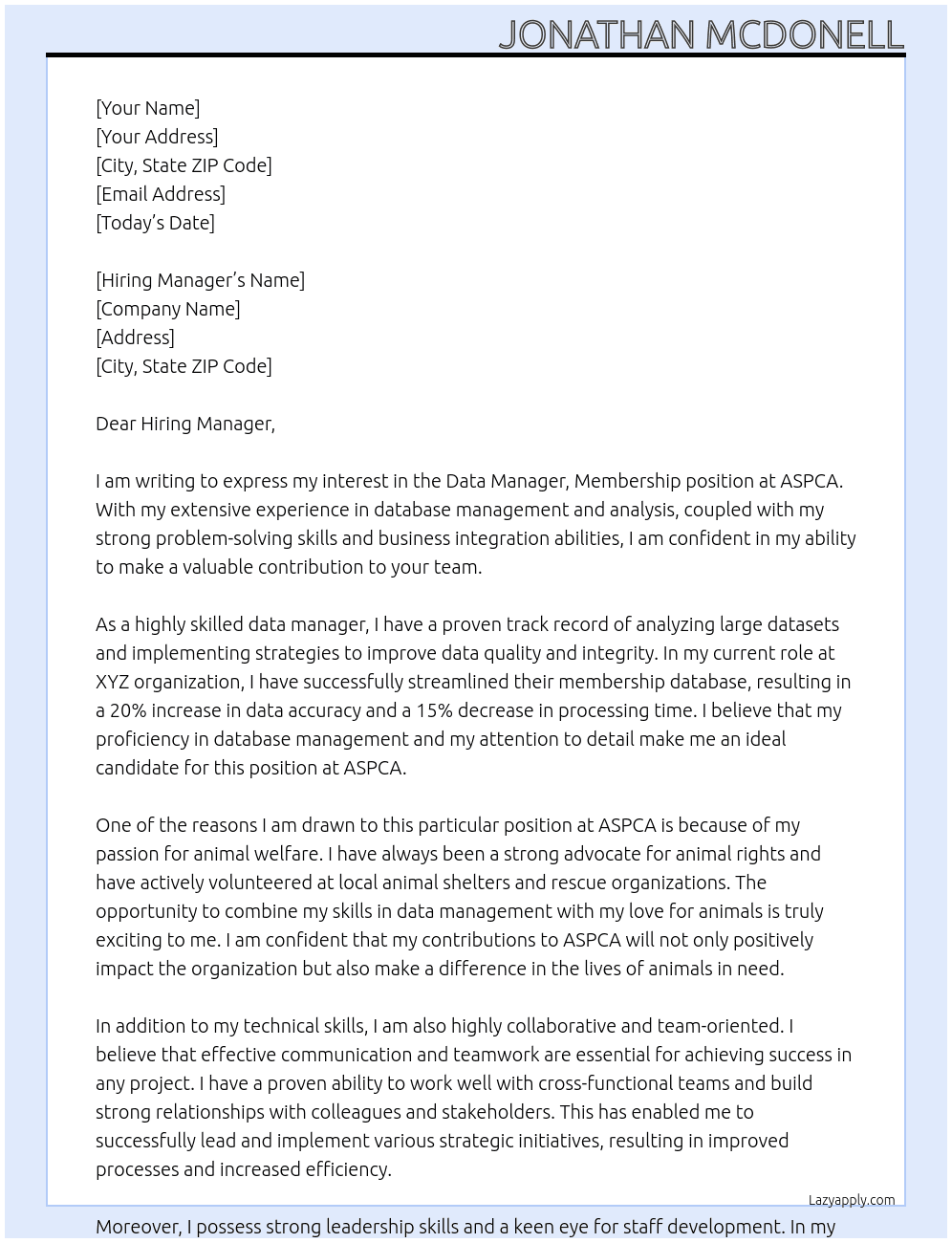 Data Manager, Membership At ASPCA Cover Letter