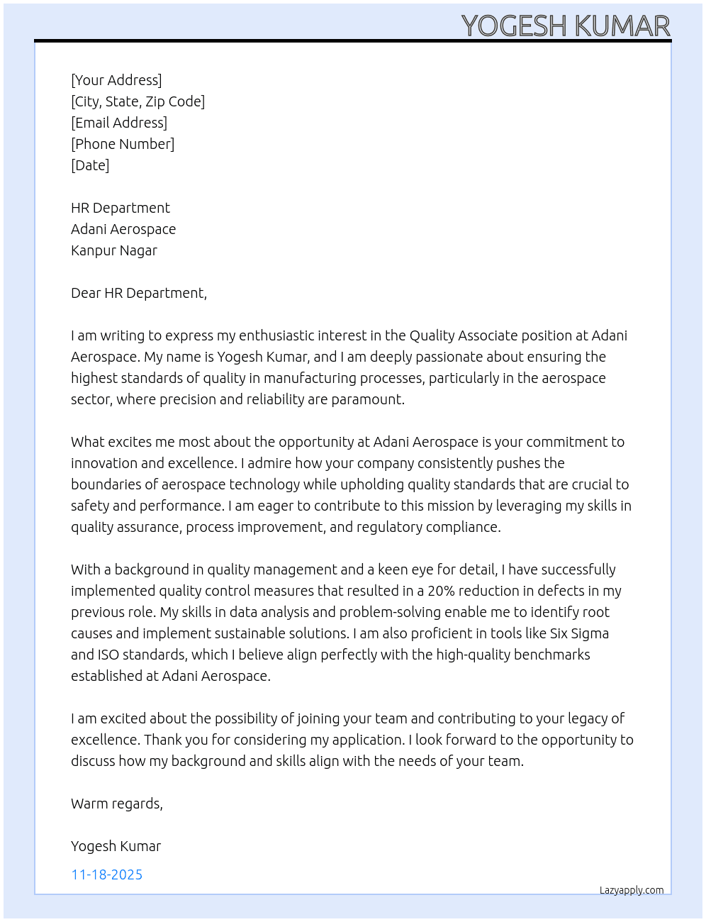 Quality associate  manufacturer  At Adani aerospace kanpur nagar  Cover Letter