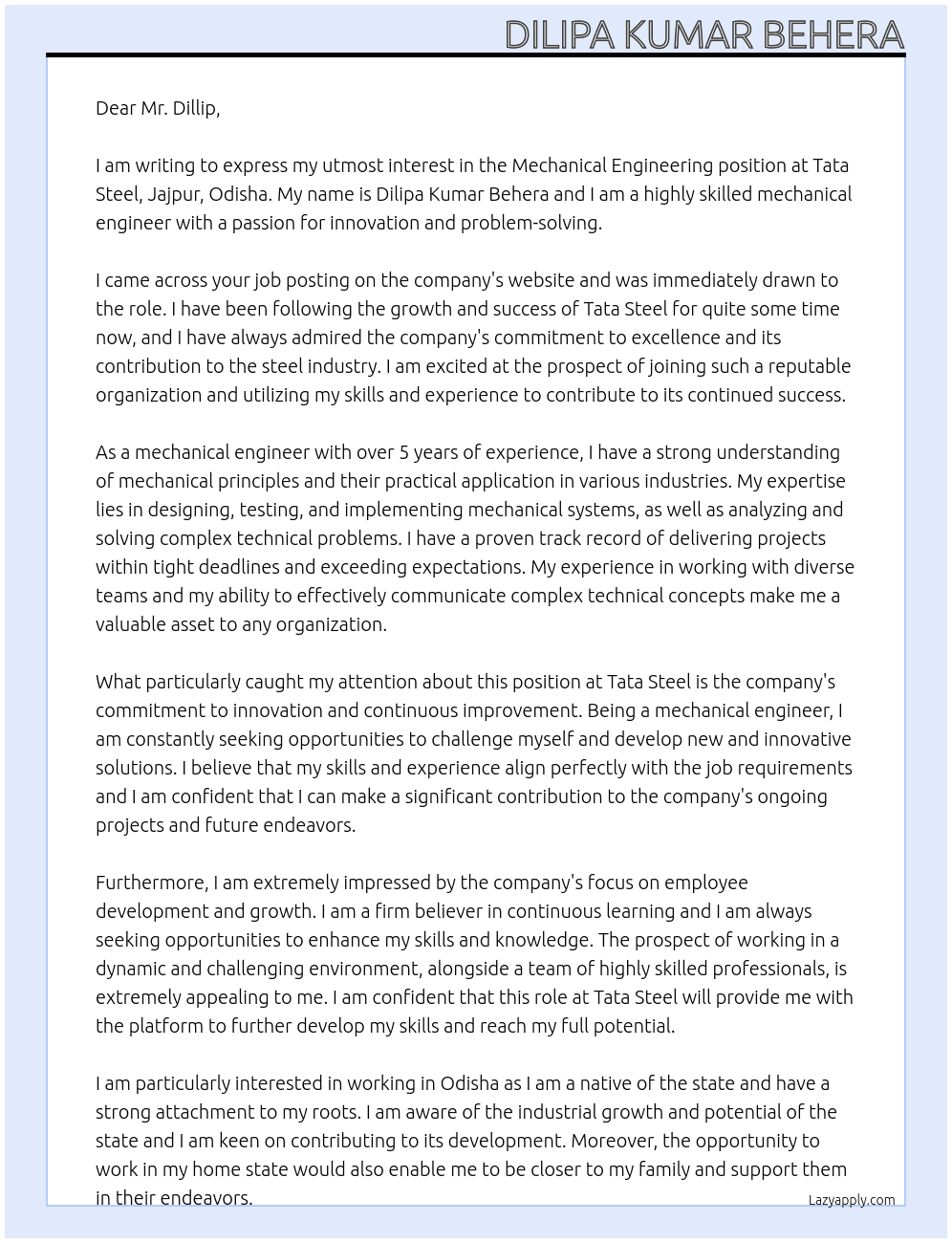 Mechanical engineering  At Tata steel,jajpur,odisha Cover Letter