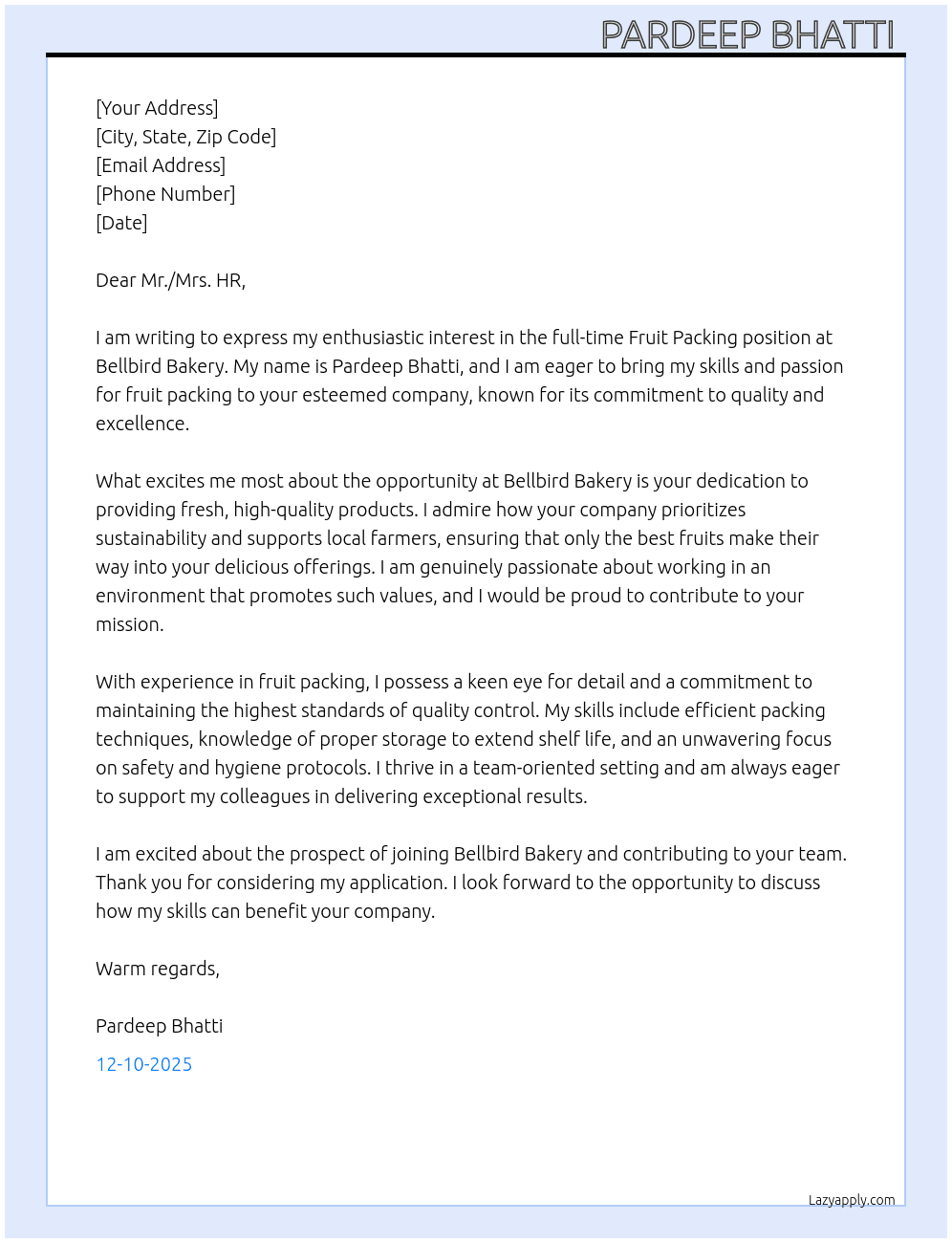 Fruit packing  At Bellbird Bakery Cover Letter