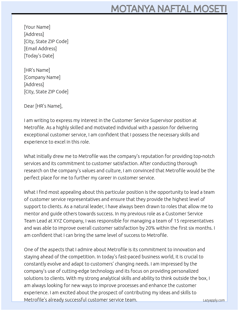 Customer Service Supervisor At metrofile Cover Letter