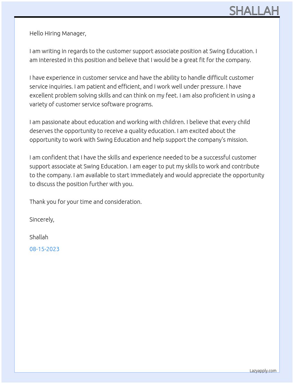 customer support associate At Swing Education Cover Letter