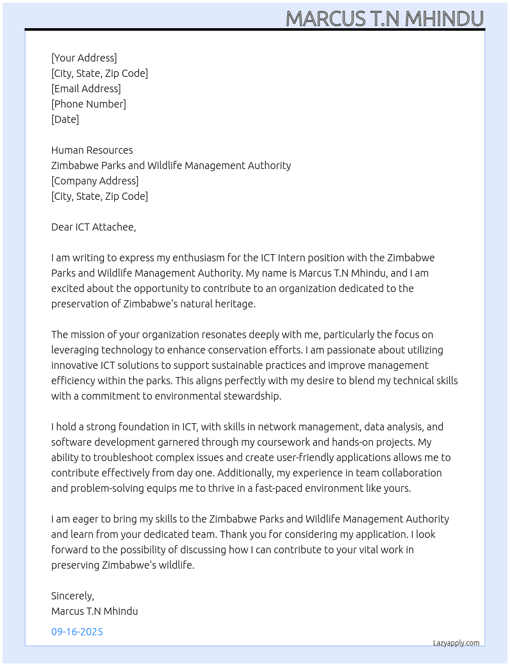 ICT Intern  At Zimbabwe Parks and Wildlife Management Authority Cover Letter