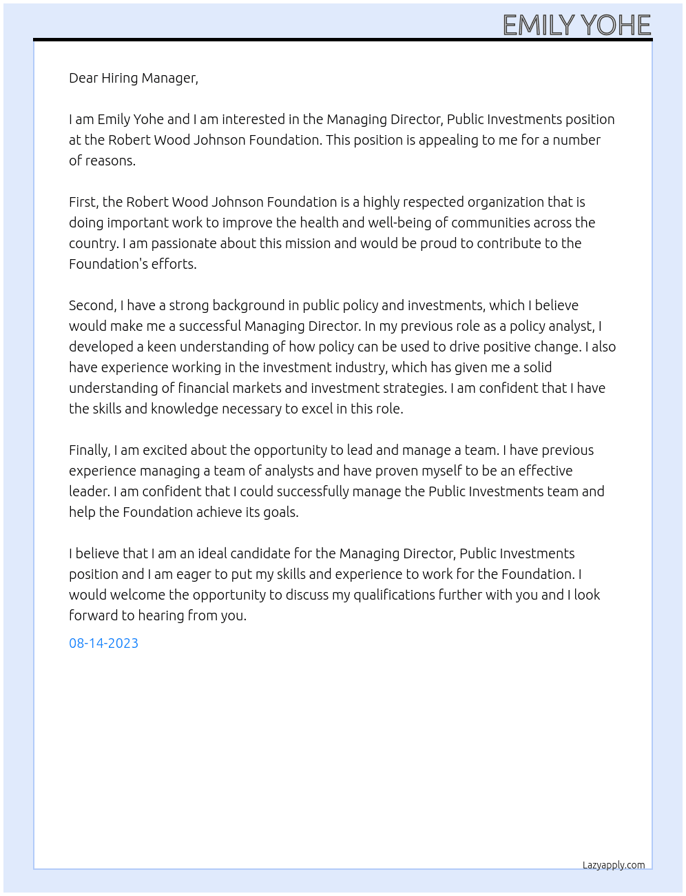 Managing Director, Public Investments At Robert Wood Johnson Foundation Cover Letter