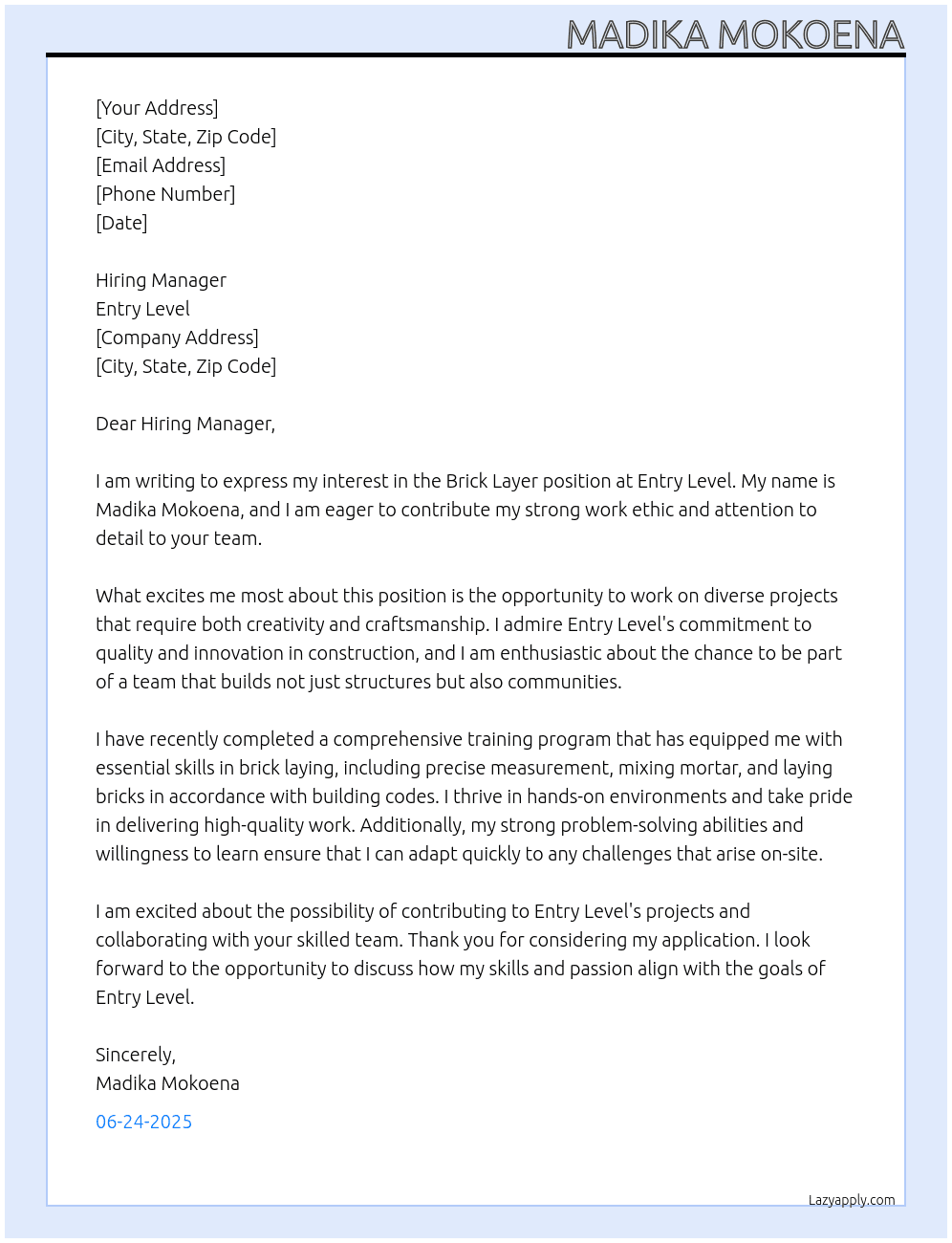 brick layer At Entry level Cover Letter