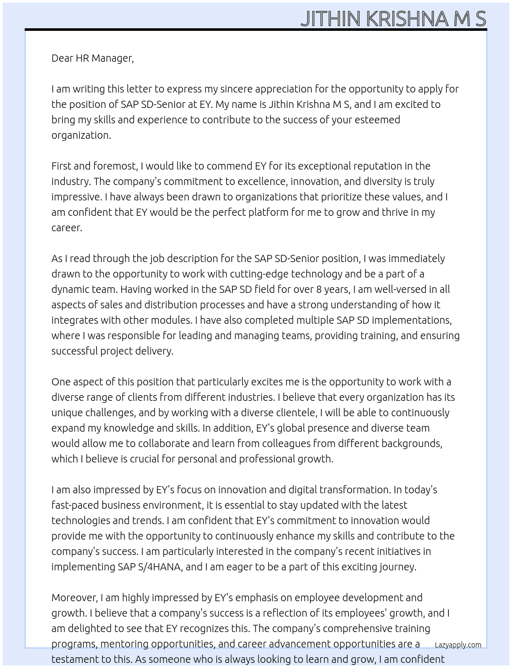 Cover letter for sap sd-senior - LazyApply