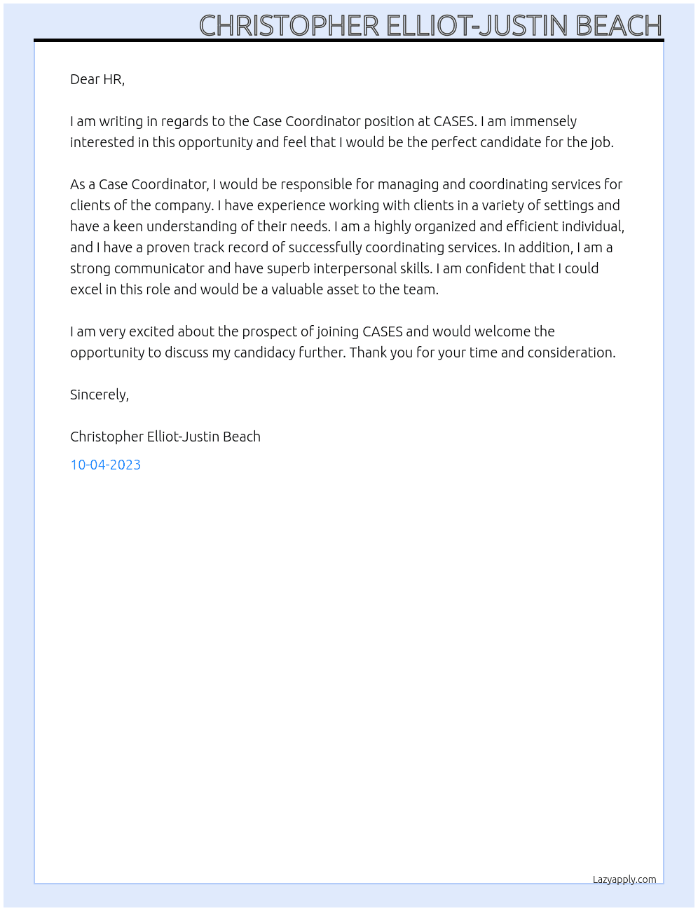 Case Coordinator At CASES Cover Letter
