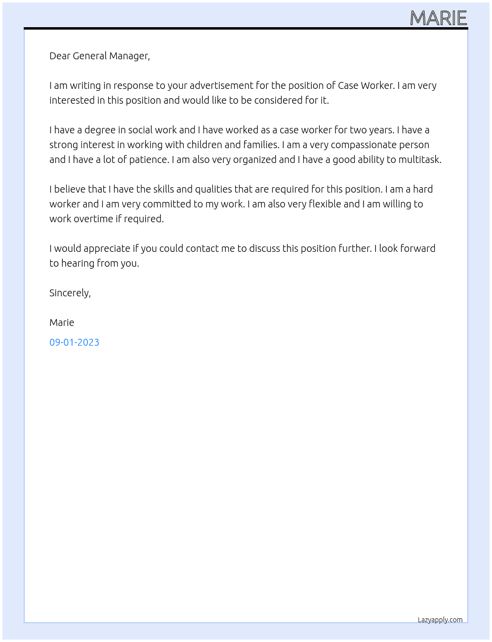 Case Worker At CARAD Cover Letter