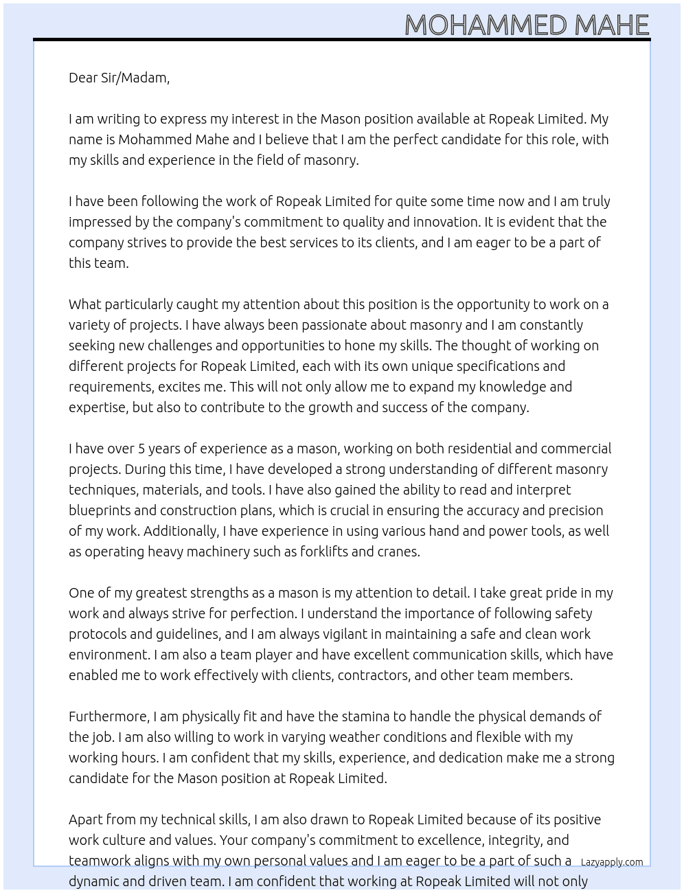 Mason At Ropeak Limited Cover Letter