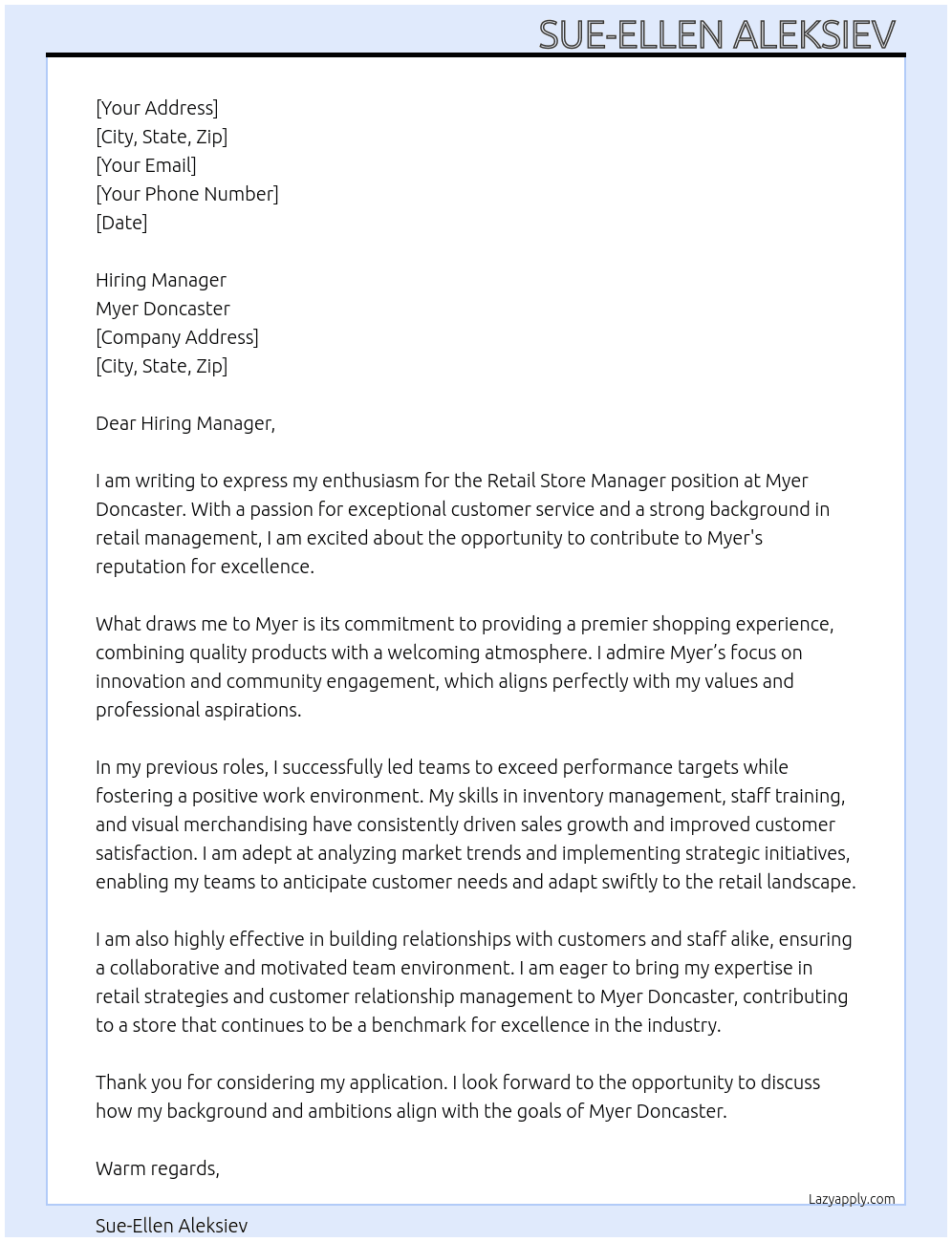 Retail Store Manager  At Myer Doncaster  Cover Letter