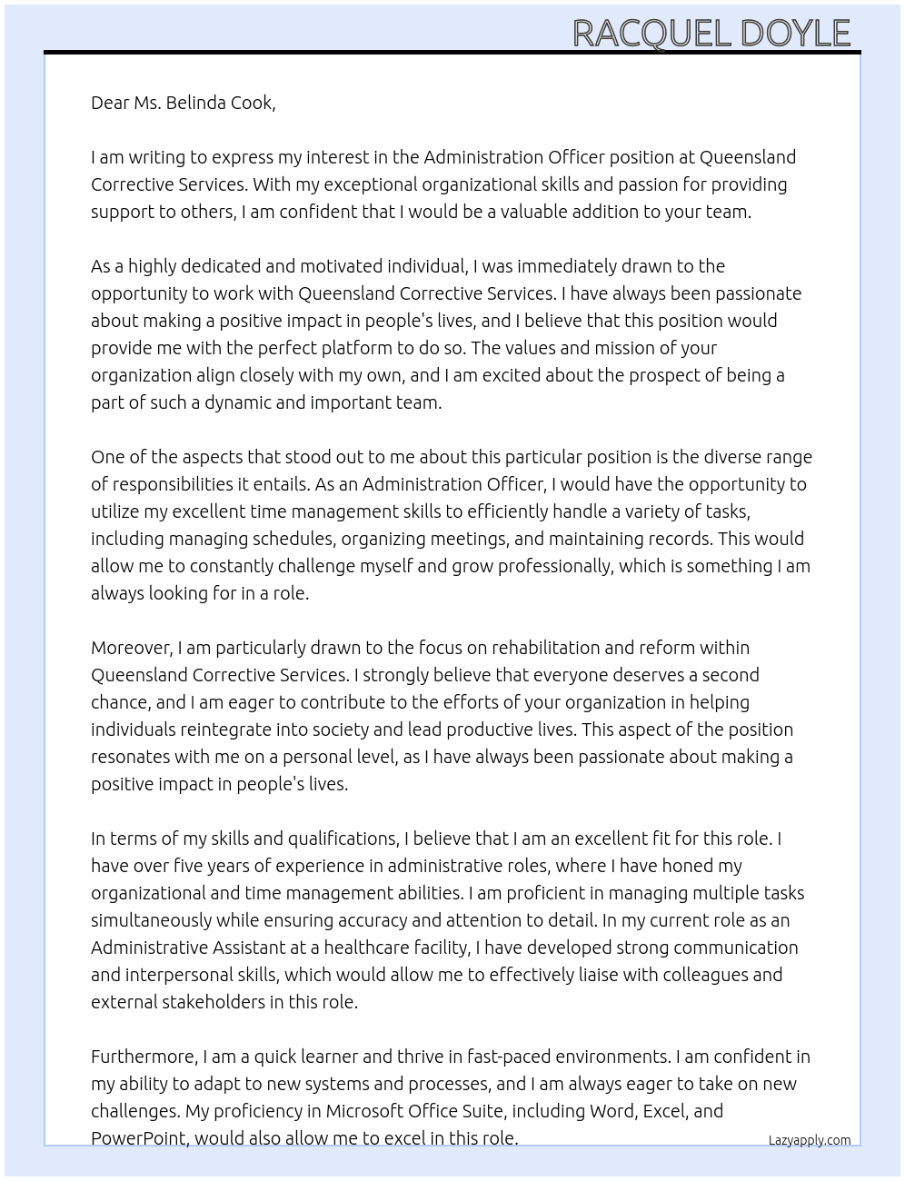 Administration officer At Queensland corrective services Cover Letter