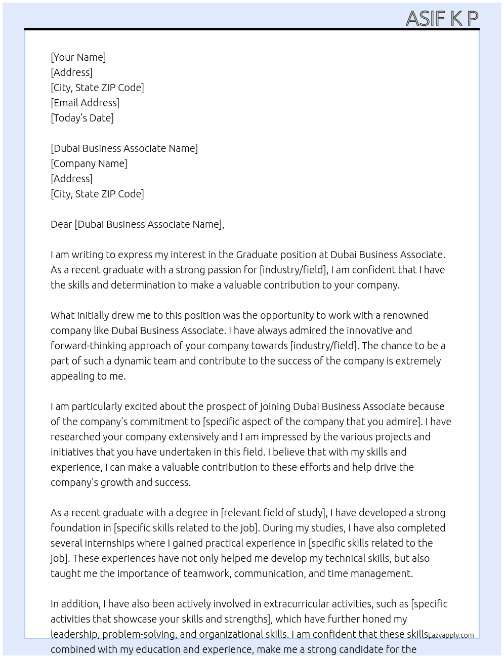 GRADUATE At DUBAI BUSINESS ASSOCIATE Cover Letter