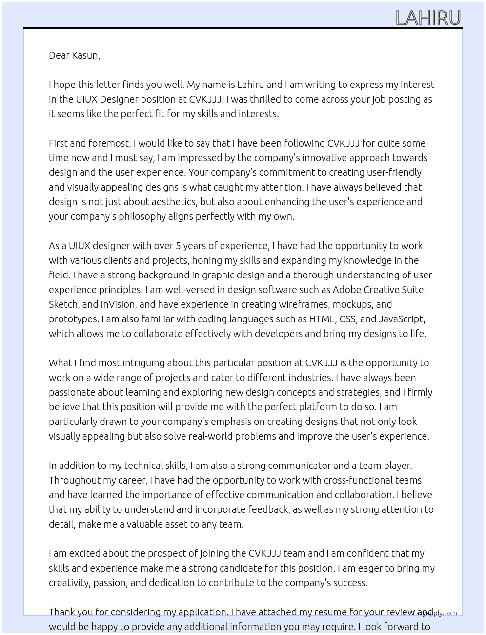 uiux designer At CVKJJJ Cover Letter