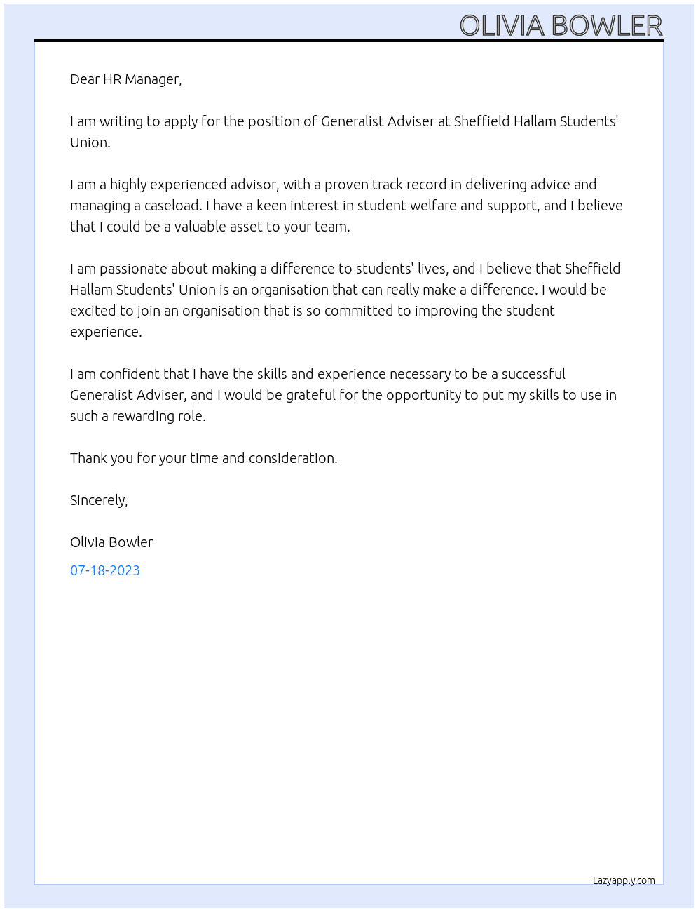Generalist Adviser At Sheffield Hallam Students' Union Cover Letter