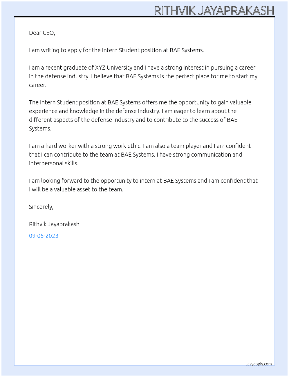 Intern Student At BAE Systems Cover Letter