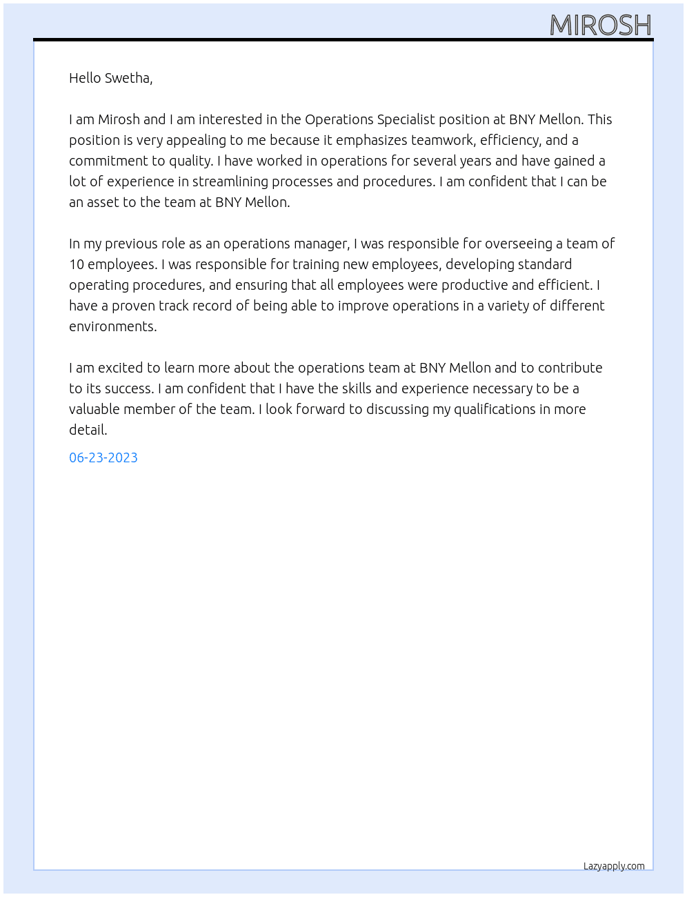 Operations Specialist At BNY Mellon Cover Letter