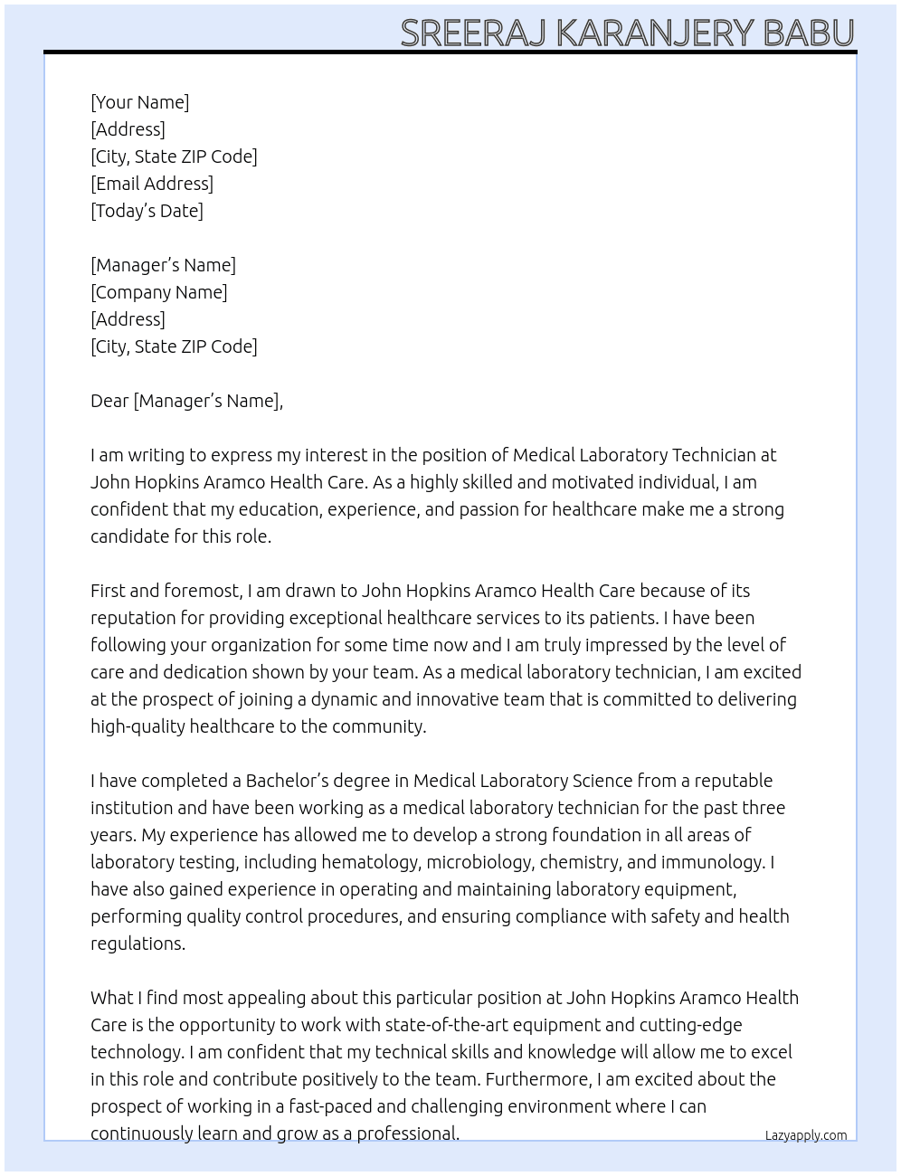 medical laboratory technician At john hopkins aramco health care Cover Letter