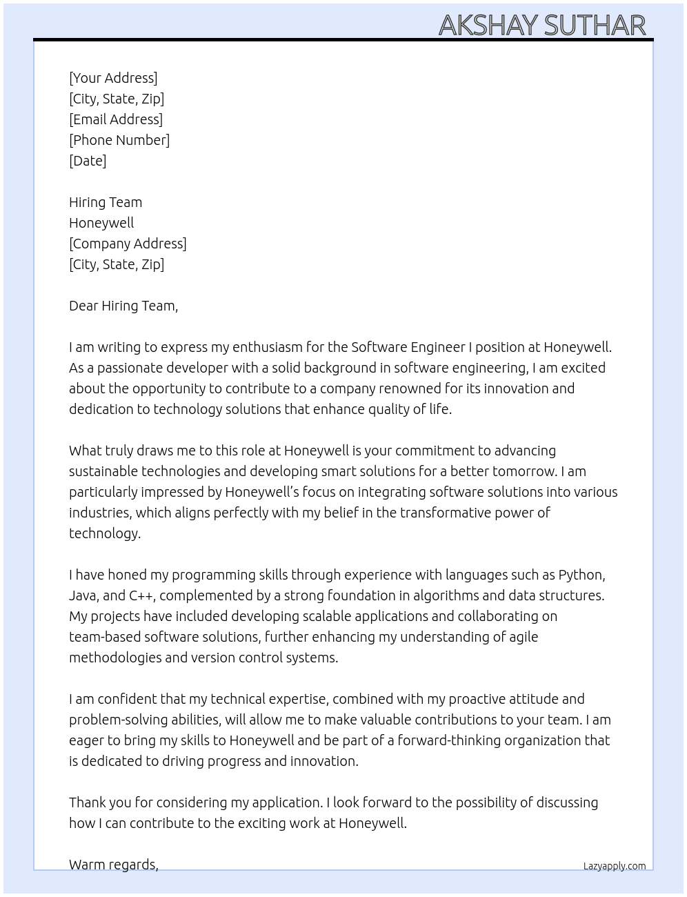 Cover letter for software engineer - i - LazyApply
