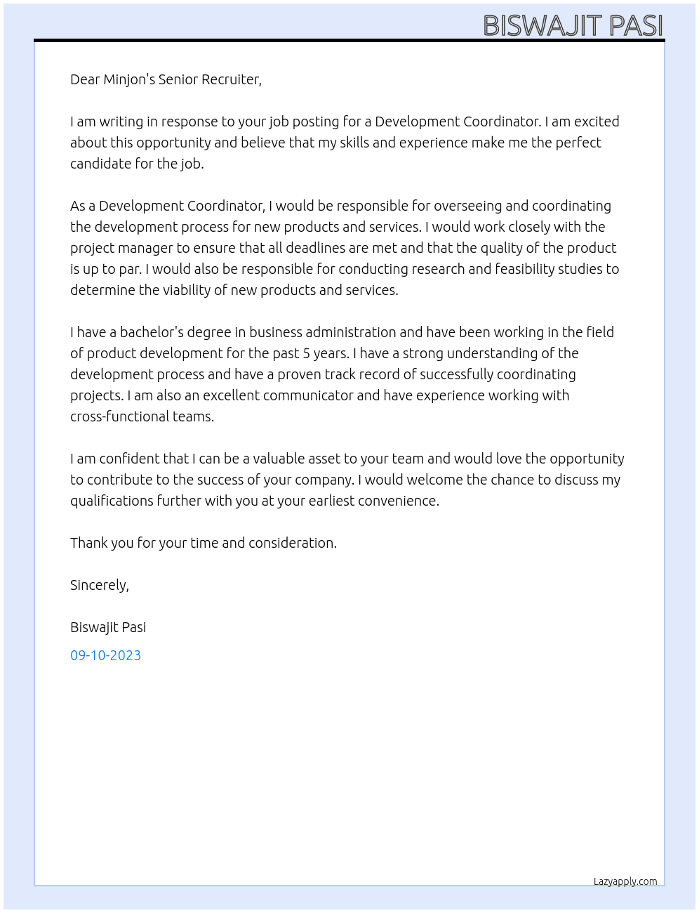 Development Coordinator At Minjon's Senior Recruiter  Cover Letter