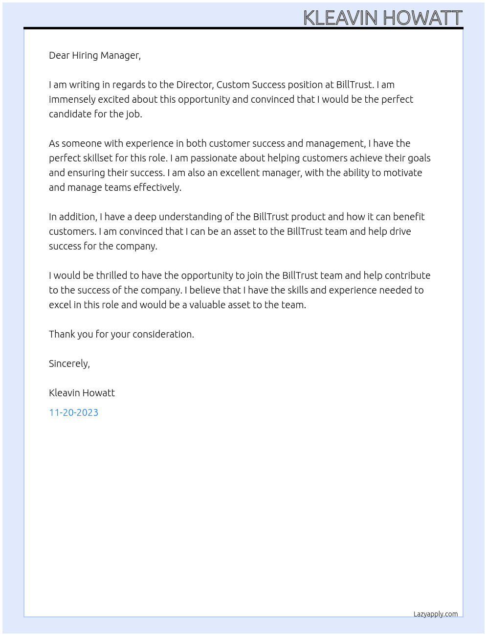 Director, Custom Success At BillTrust Cover Letter