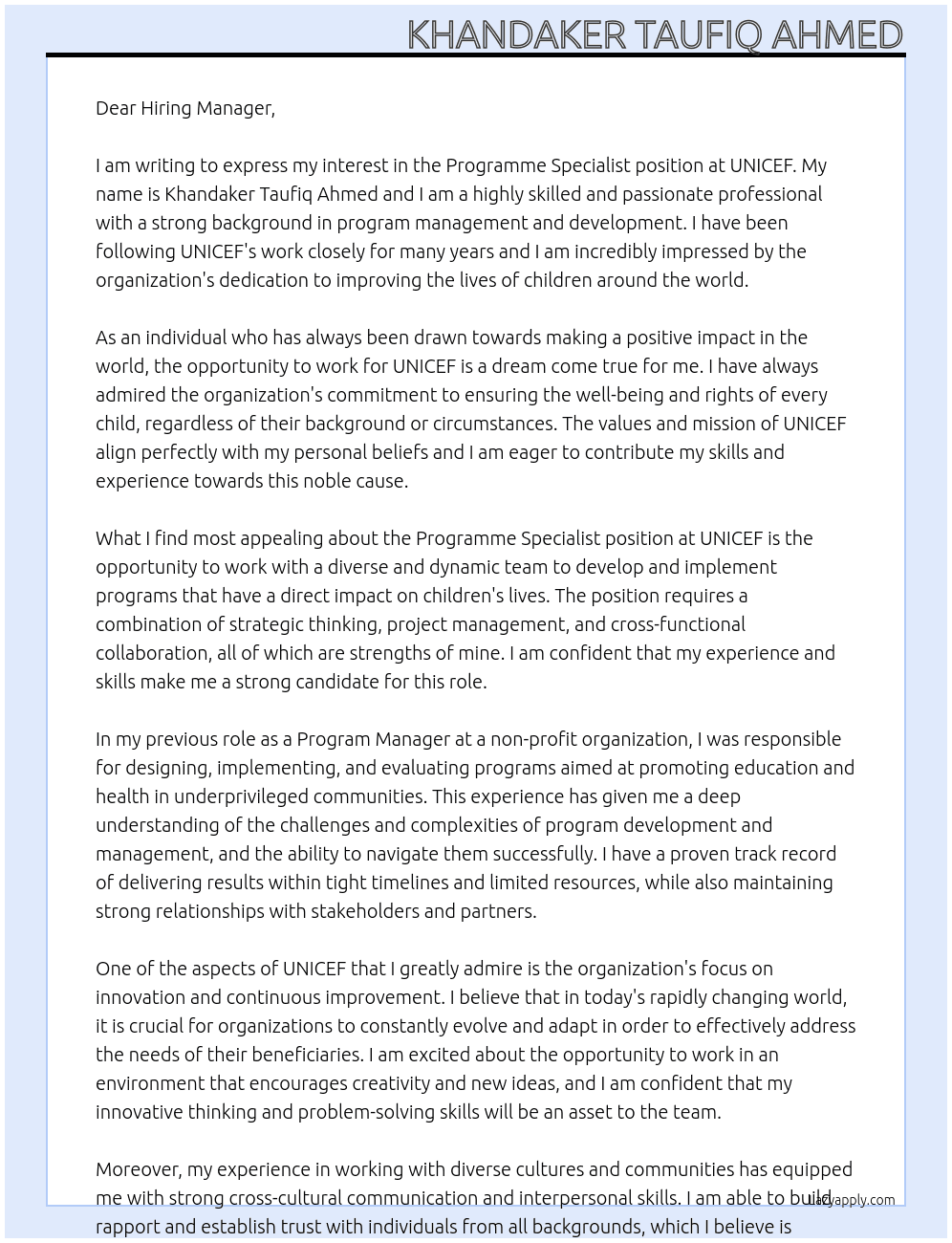 Programme Specialist  At UNICEF Cover Letter