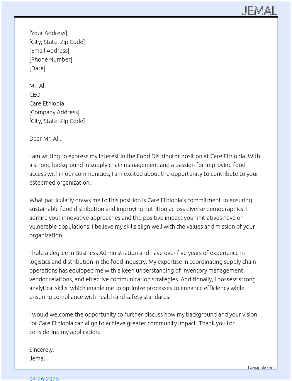 Food Distributor  At Care Ethiopia Cover Letter