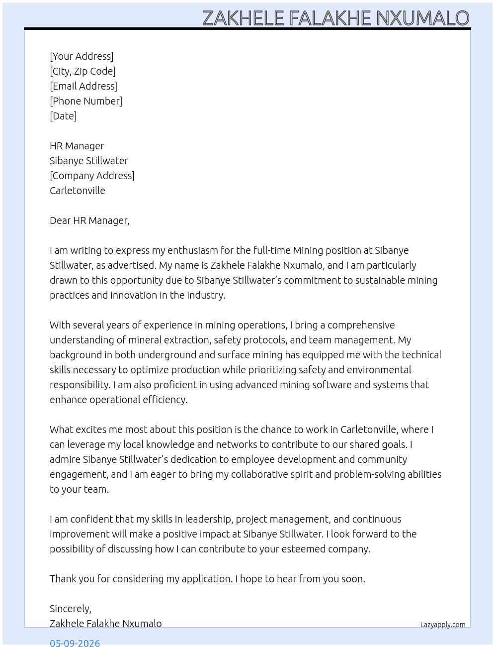 Cover letter for mining - LazyApply