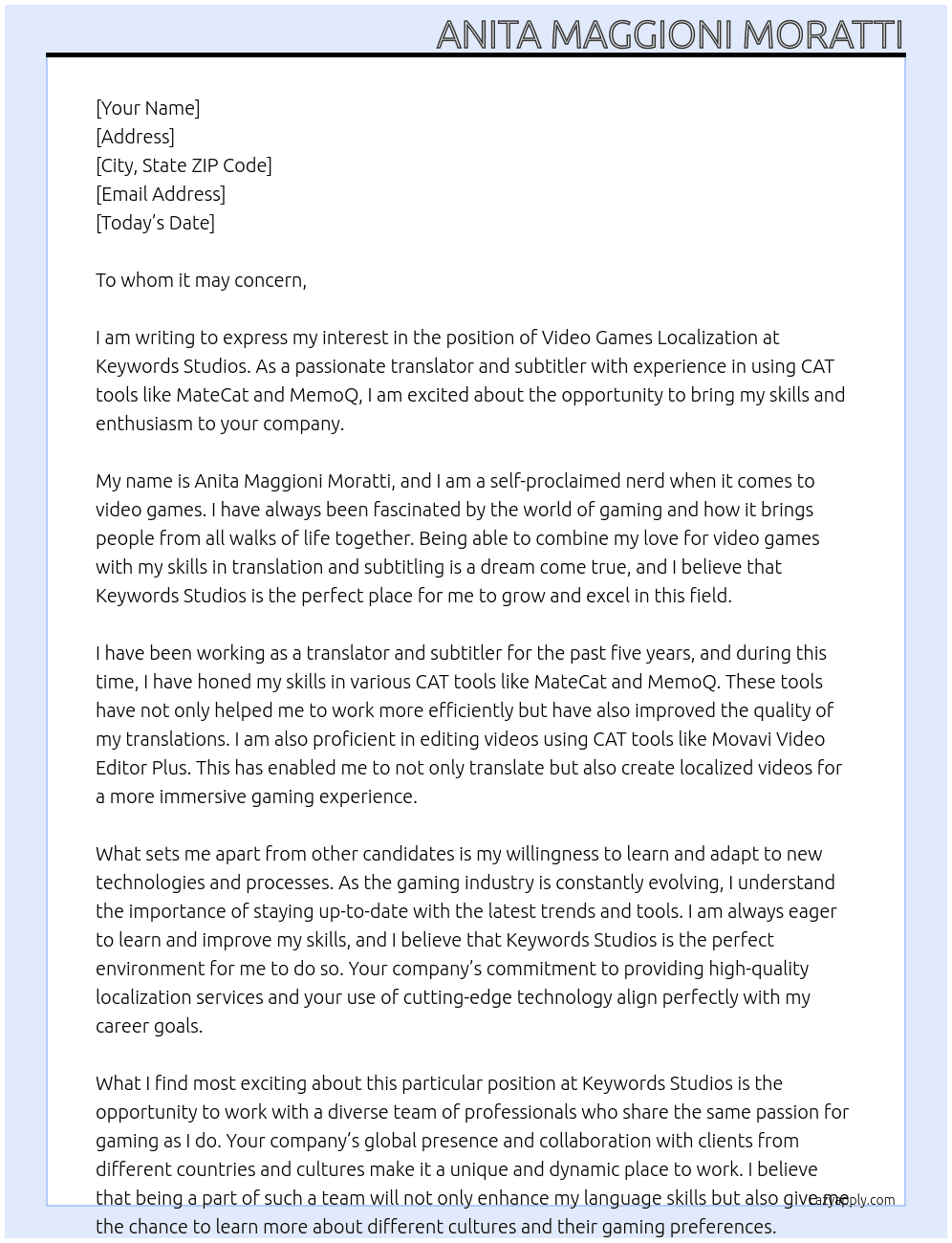 Video Games Localization At Keywords Studios Cover Letter