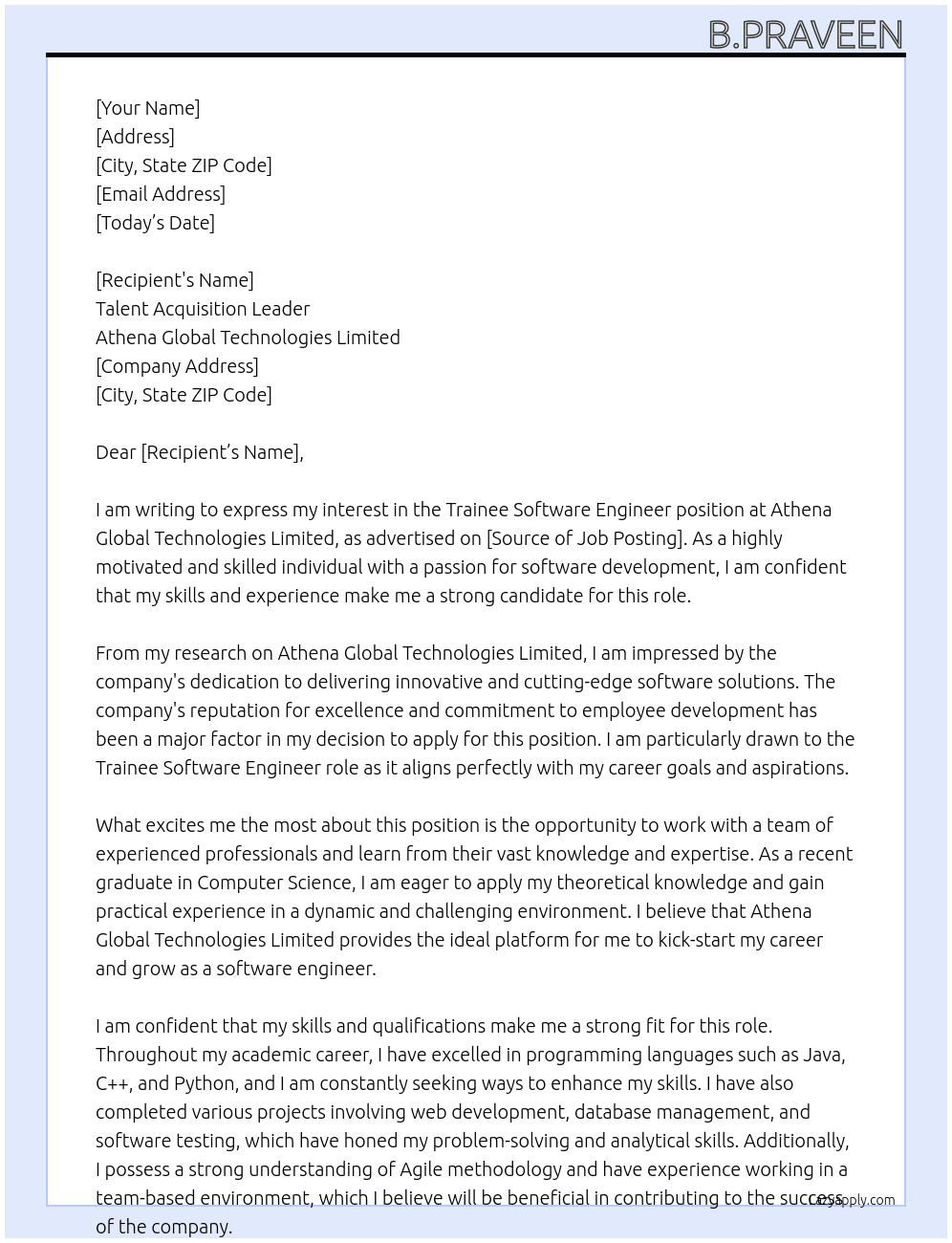 Trainee Software Engineer At Athena Global Technologies Limited Cover Letter