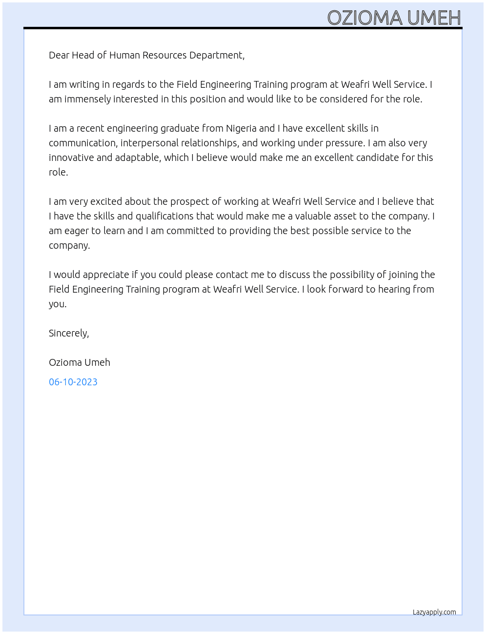 Field Engineering Training program At Weafri Well Service  Cover Letter