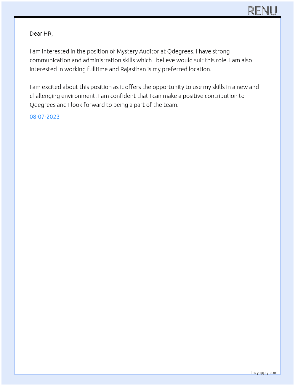 Mystery Auditor At Qdegrees Cover Letter