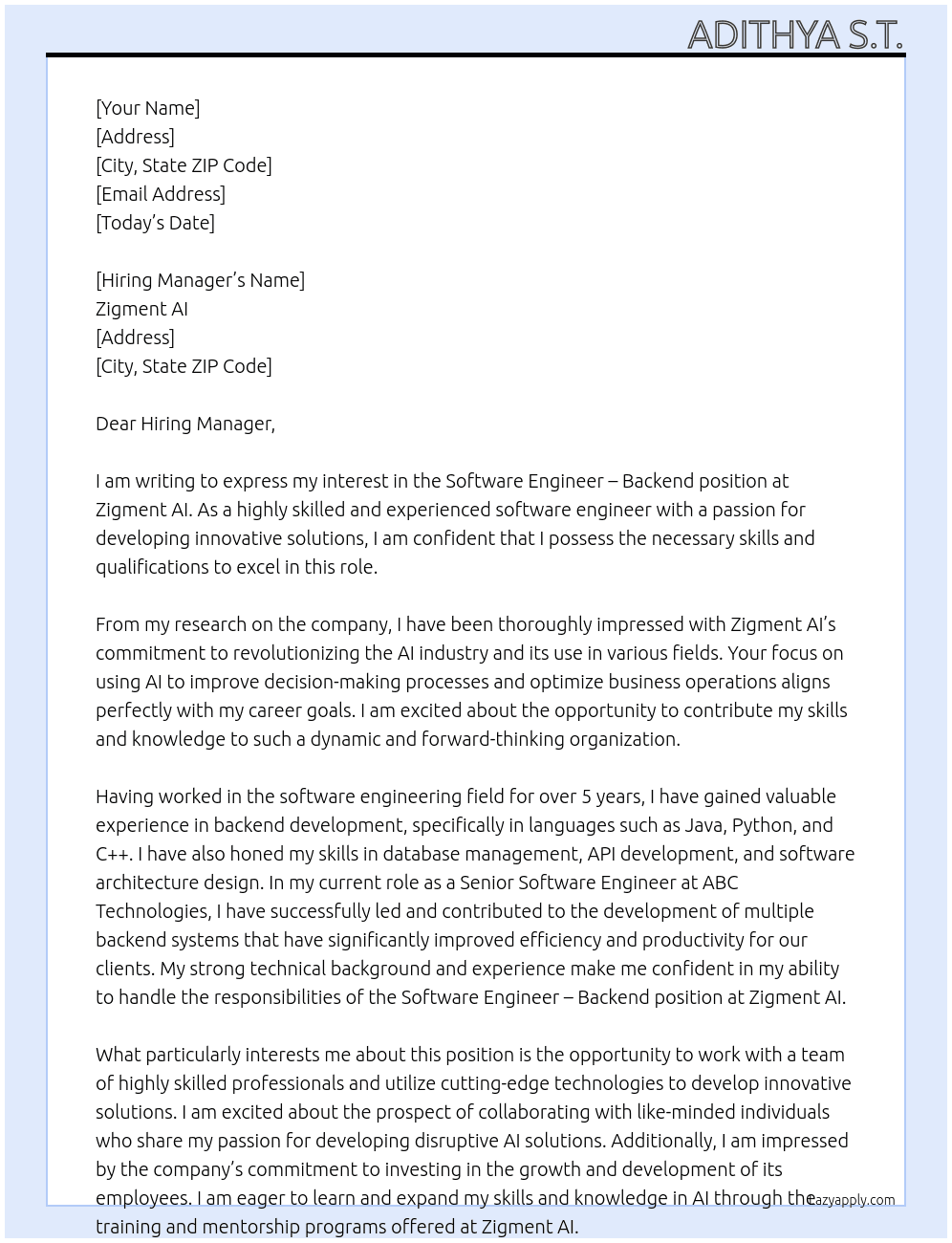 Software Engineer - Backend At Zigment AI Cover Letter