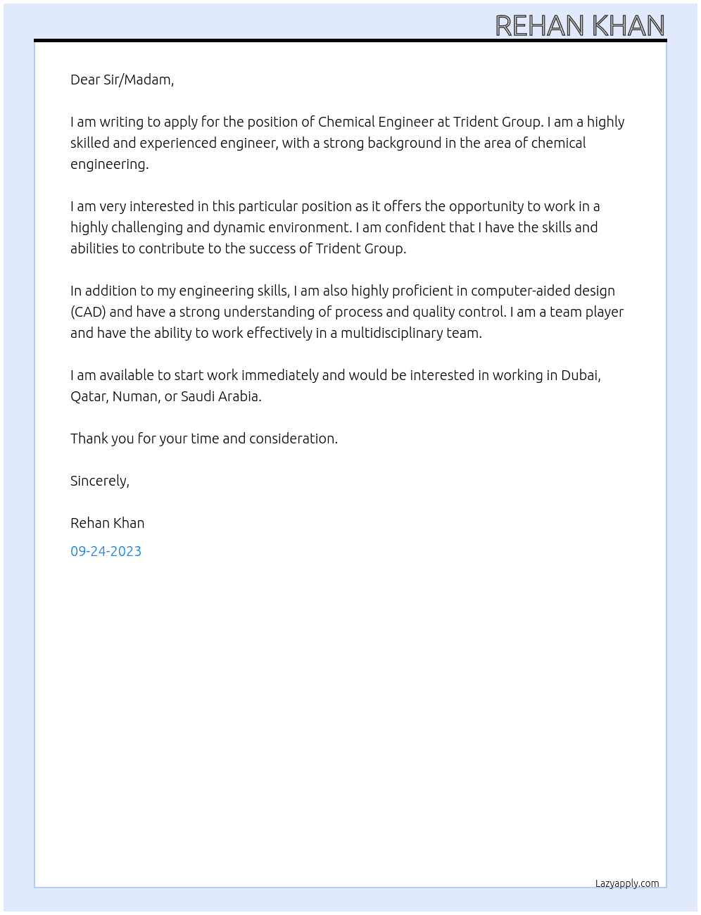 Chemical engineering  At Trident group  Cover Letter