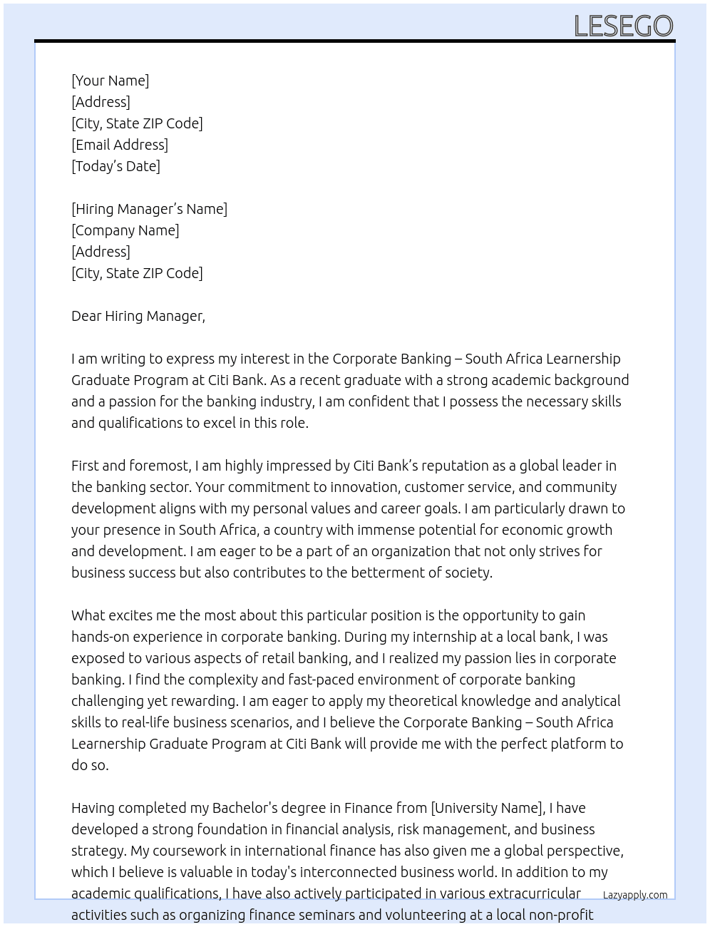 Corporate Banking – South Africa Learnership Graduate Program At Citi Bank Cover Letter