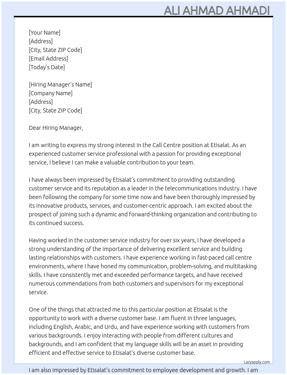 Call centre At Etisalat  Cover Letter