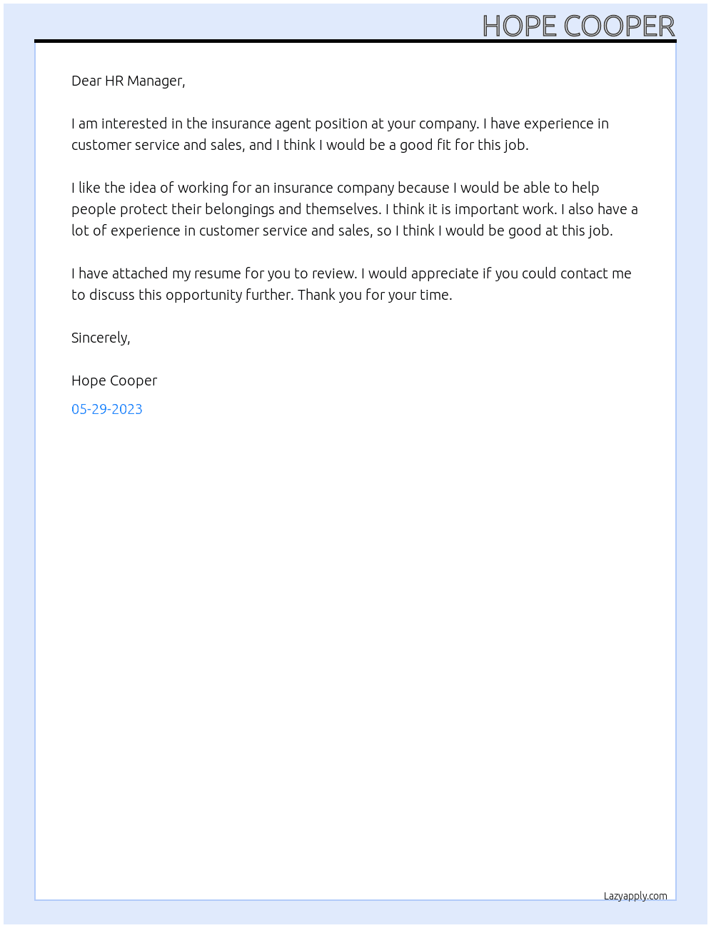 Insurance Agent At Insurance Company Cover Letter