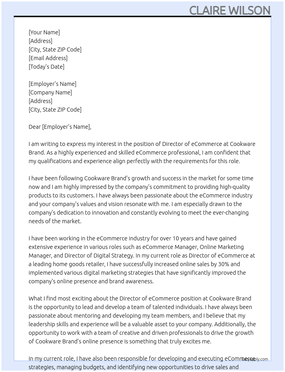 Director of eCommerce At Cookware Brand Cover Letter