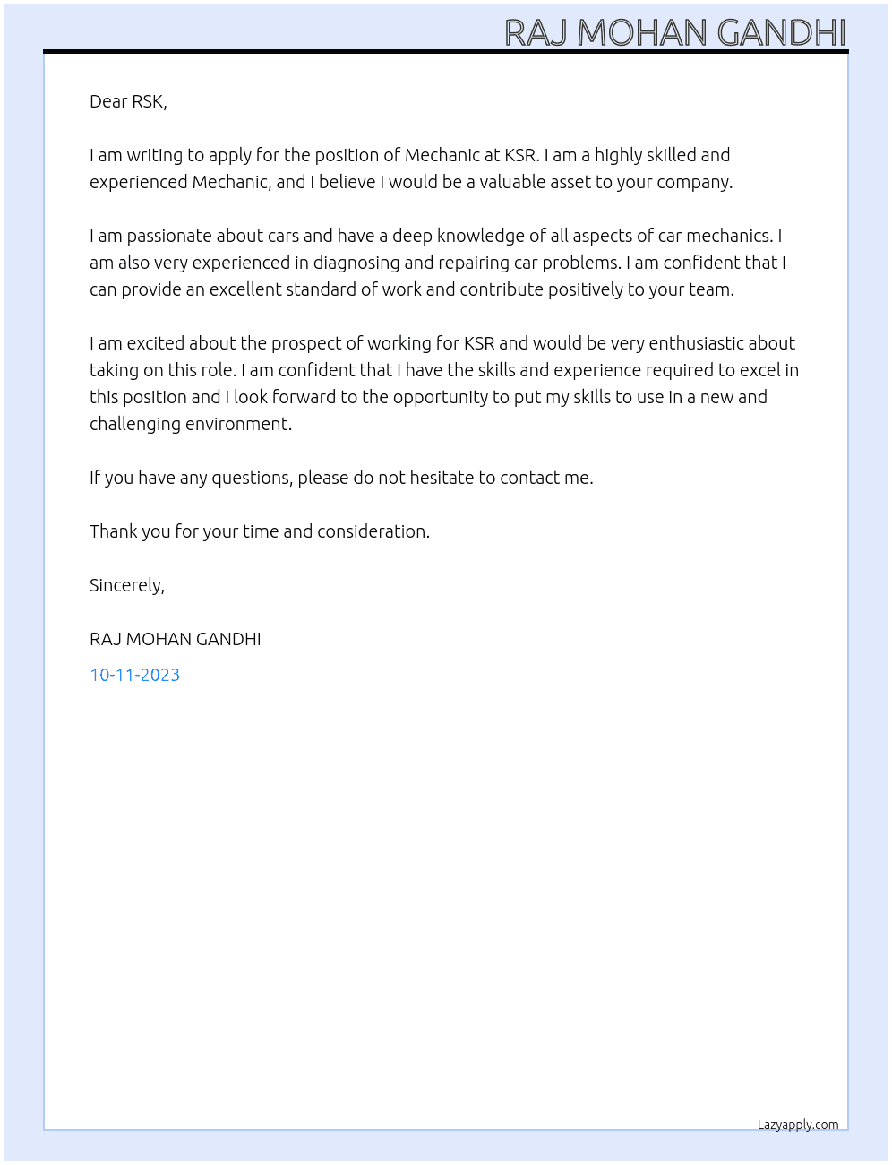 Mechanic At KSR Cover Letter