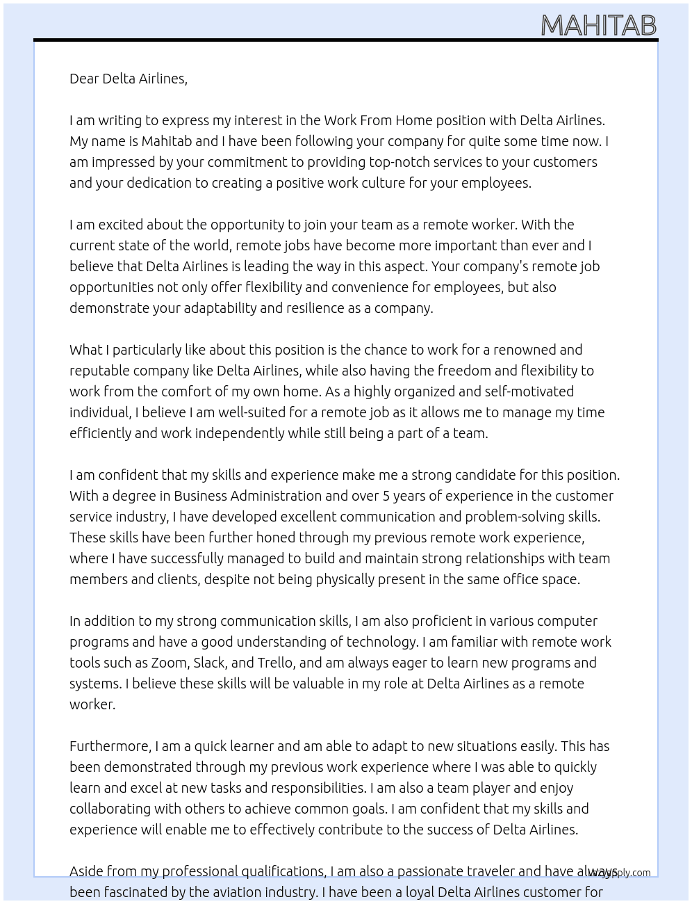 (Work From Home) Delta Airlines remote jobs At Delta Airlines  Cover Letter