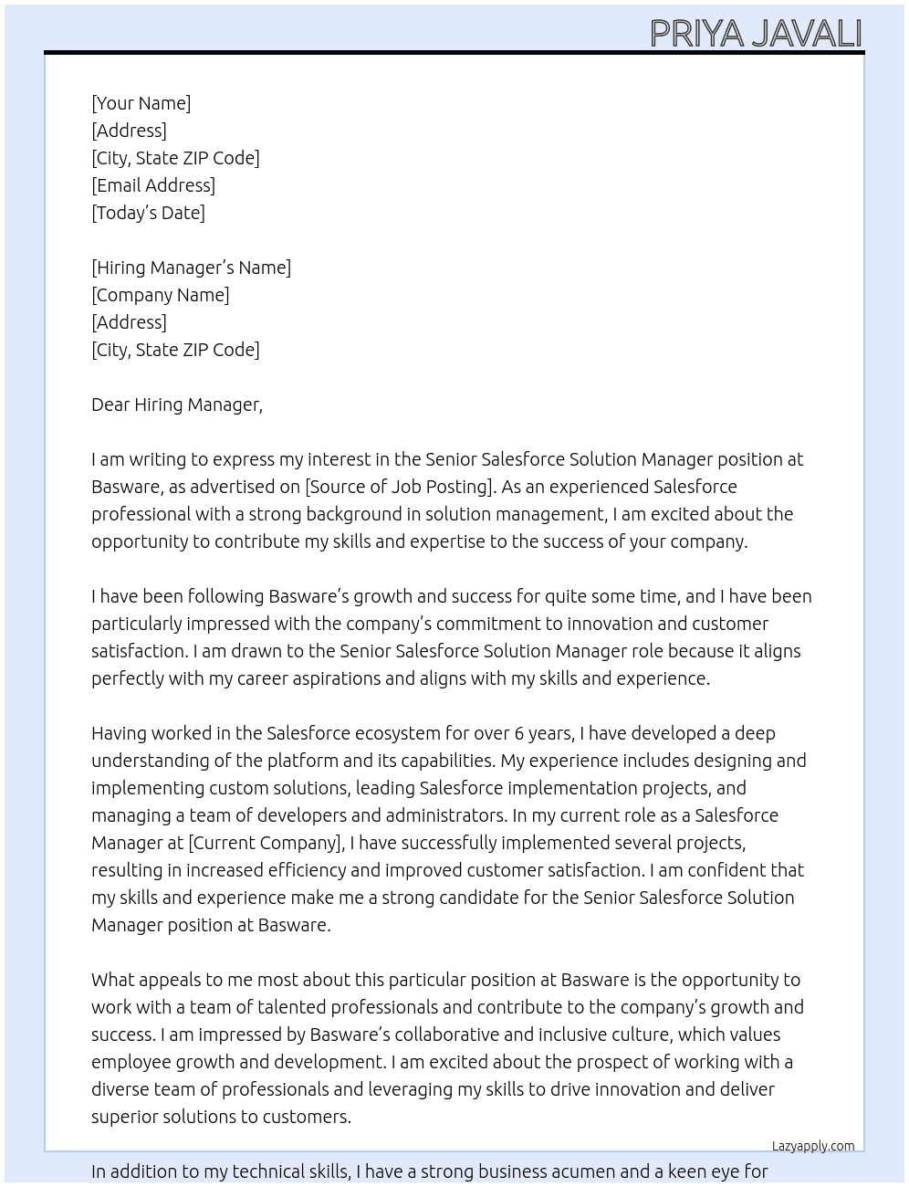 Senior Salesforce Solution Manager At Basware Cover Letter
