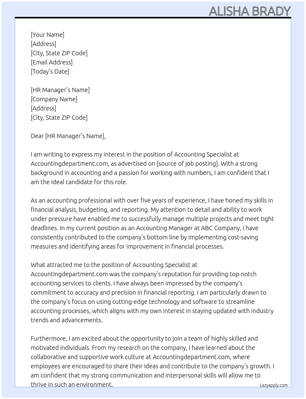Accounting specialist At Accountingdepartment.com Cover Letter