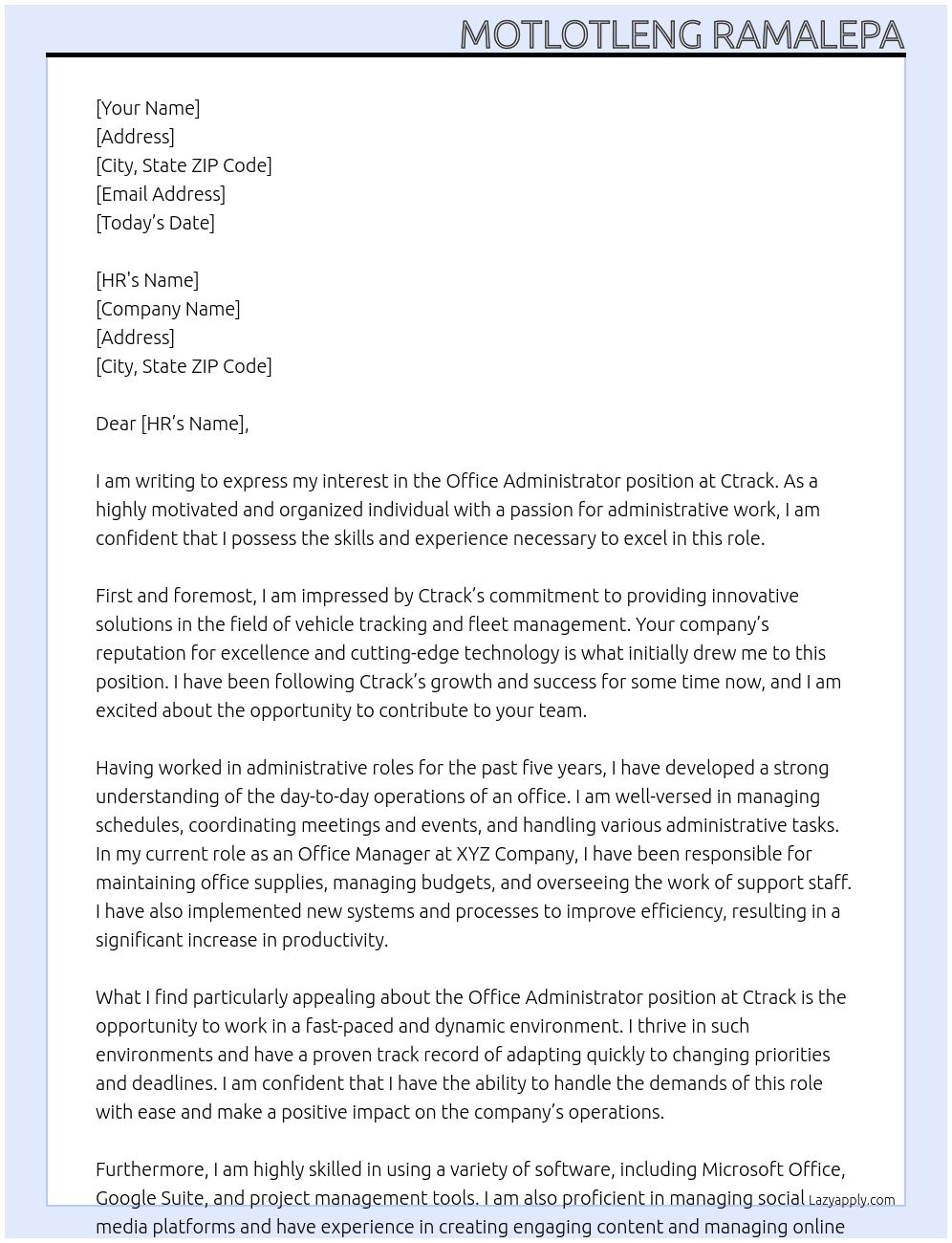 Office Administrator  At Ctrack Cover Letter