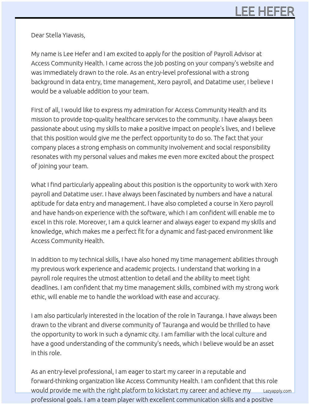 Payroll arvisor At Access Community Health Cover Letter