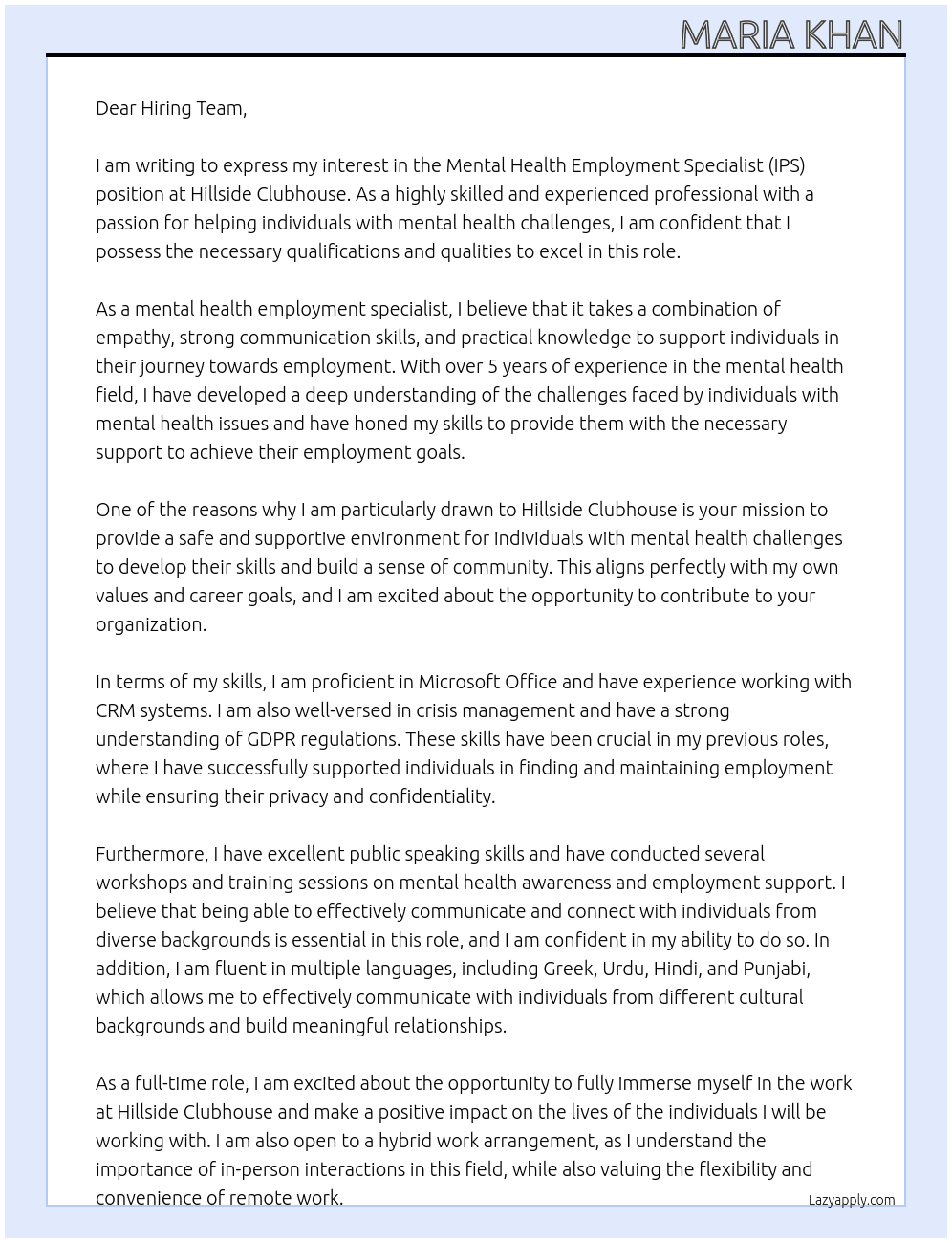 Mental Health Employment Specialist (IPS) At Hillside Clubhouse Cover Letter